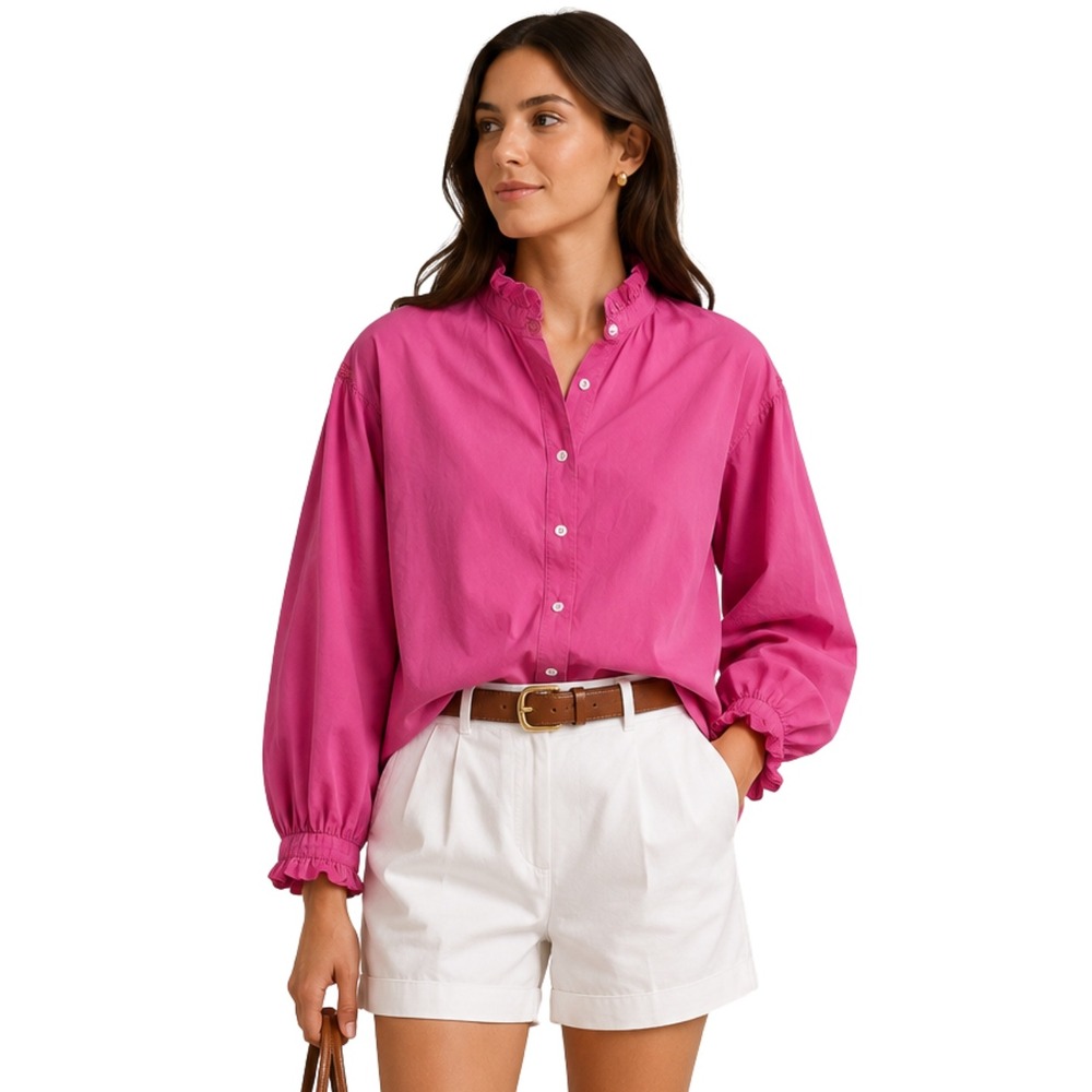 Xirena Top Womens Large Hot Pink Cotton Ruffle Neck Lace Trim Button Down Blouse